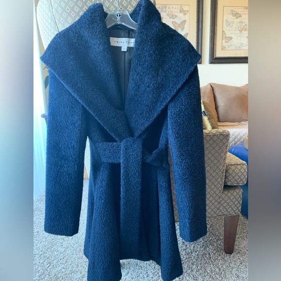 TRINA TURK Amelia Wrap Coat Shawl Hooded Wool Alpaca Blend Pea Coat In Navy Blue - Picture 4 of 17